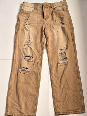 Mens Medium Khaki Wide Leg Ripped Jeans Baggy Distressed Y2K Streetwear Denim